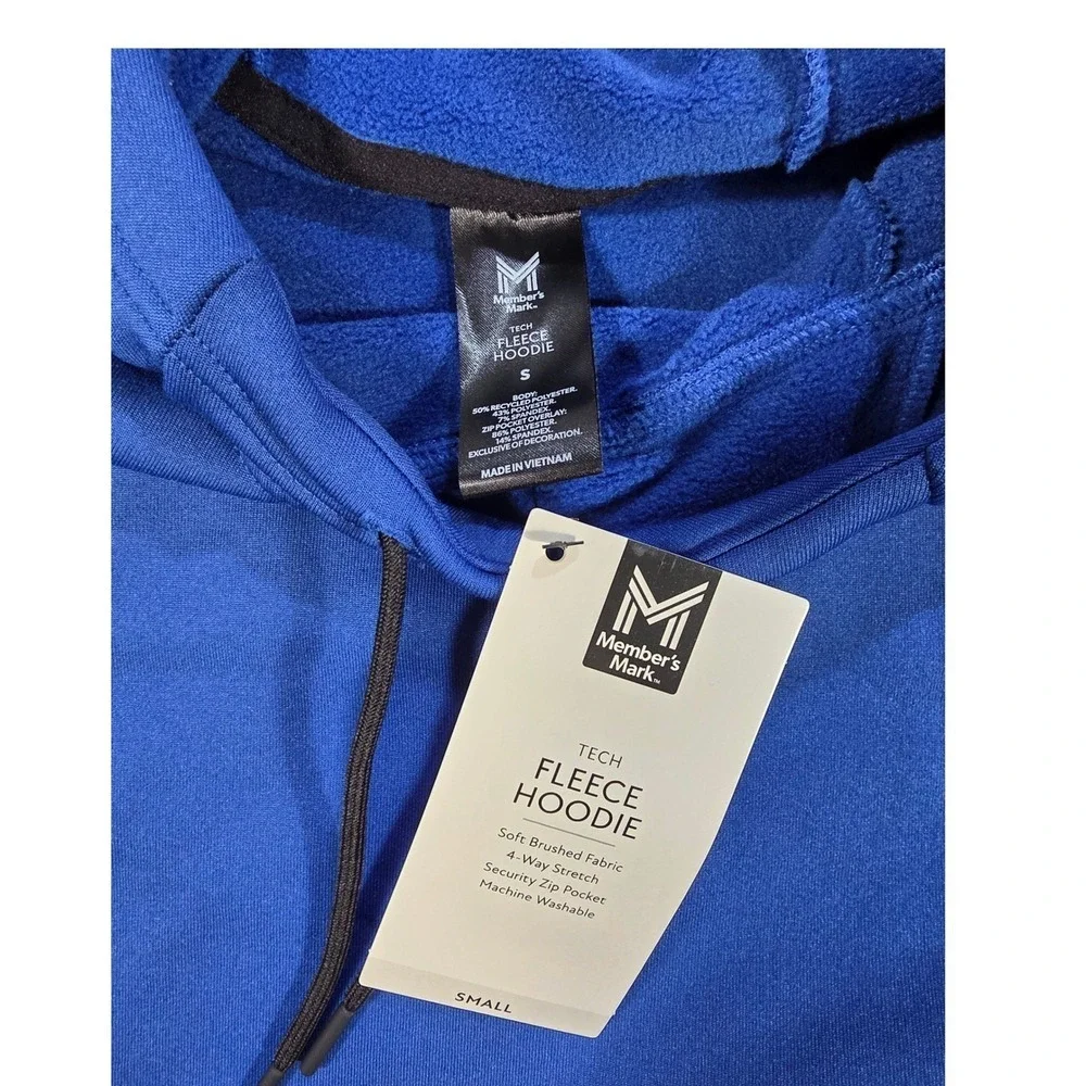 Members Mark Mens Tech Fleece Hoodie Blue Small NWT Security Zip Pocket Pullover
